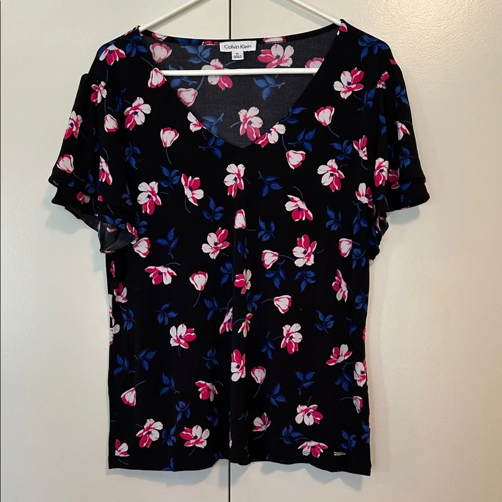 Calvin Klein Top with Pink and Blue Floral Design - Picture 1 of 9
